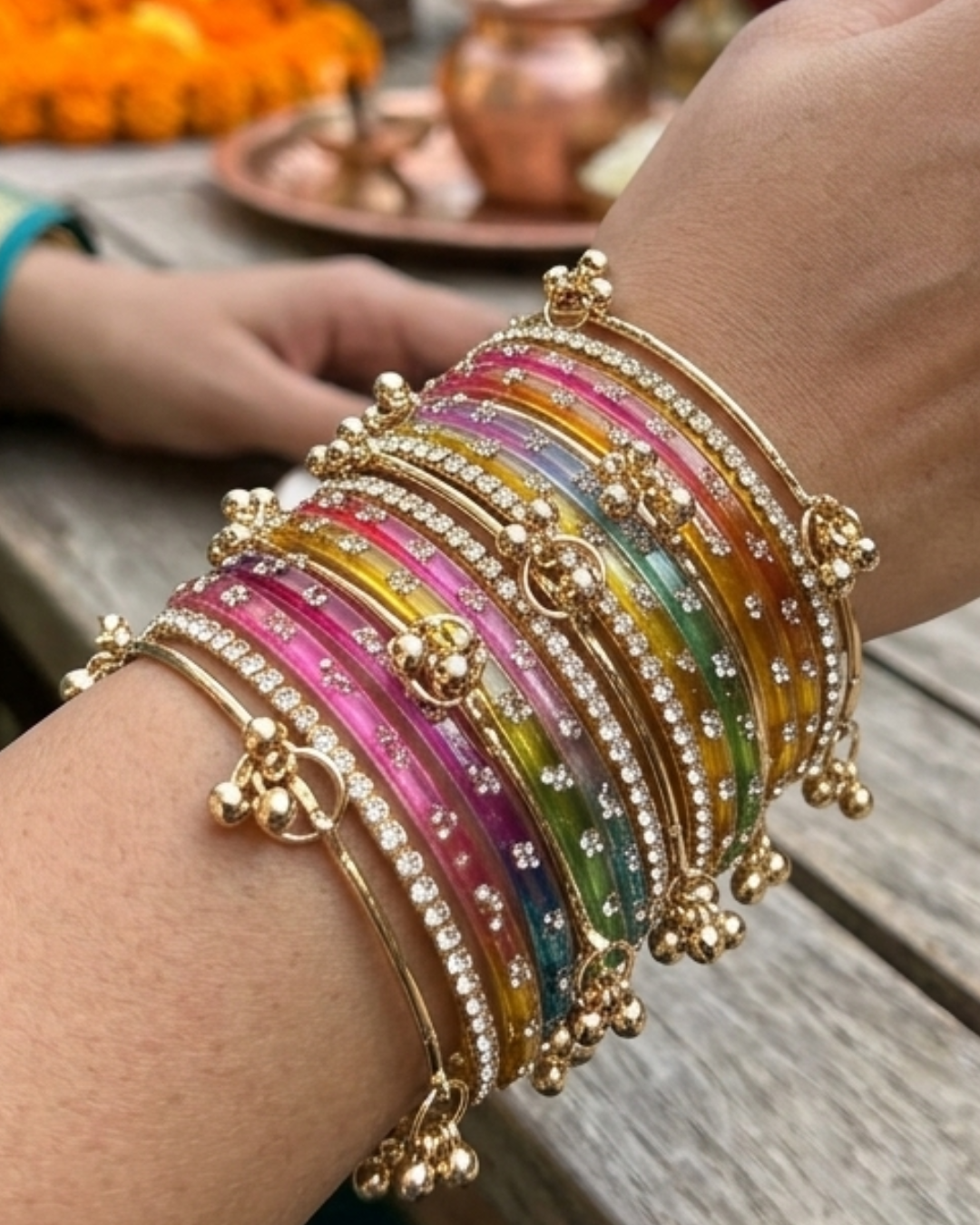 Kashmiri Bangles for Women | Jelly Bangles Set | Kashmiri Jelly Bangles with Handmade Diamond Work | 6 Kashmiri Ghungroo Bangles, 8 Multicolor Jelly Bangles & 4 Diamond Bangles (18- Bangles)