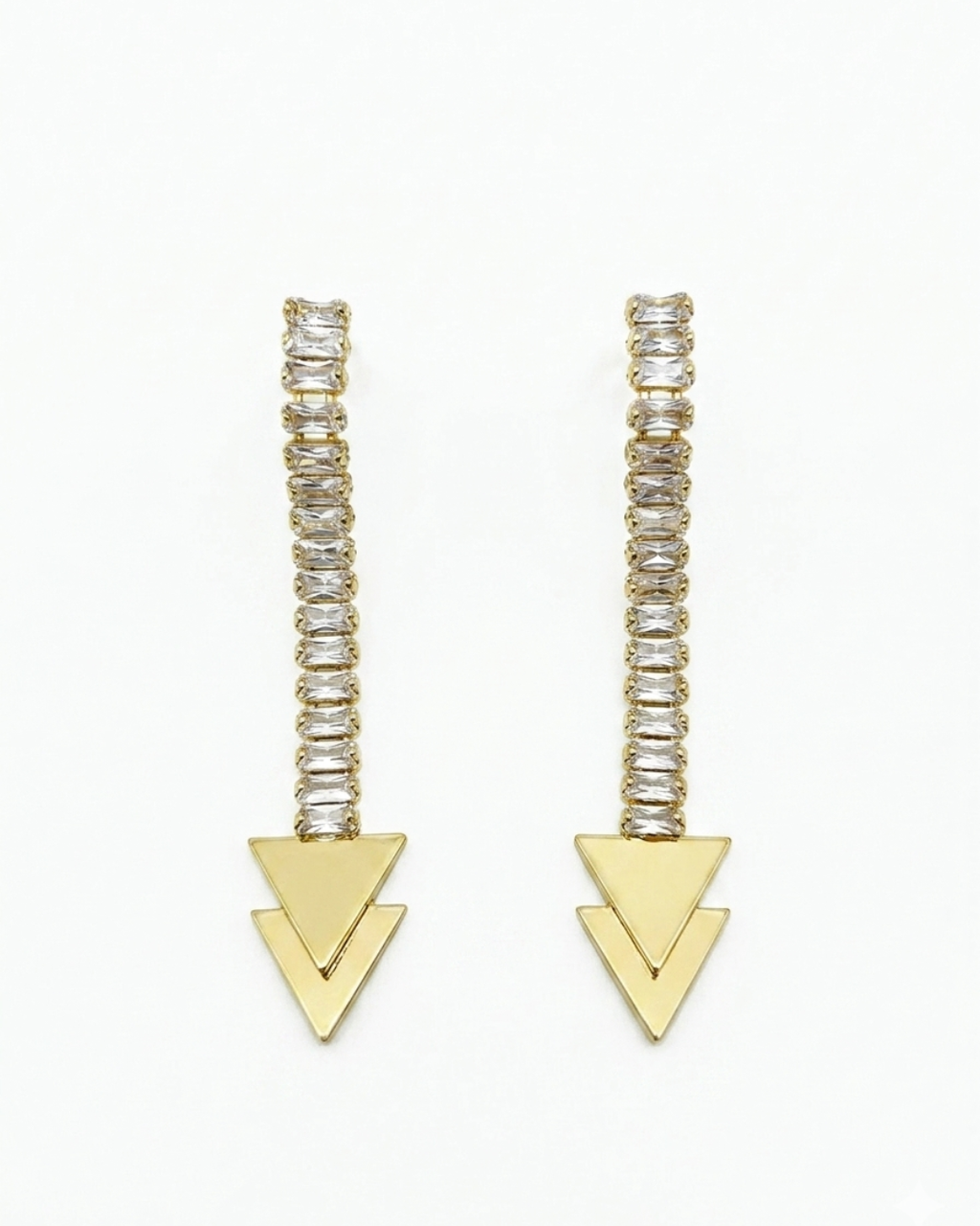 Gold Plated Long Drop Earrings for Women – Crystal Studded Linear Dangle Earrings with Geometric Triangle Pendant