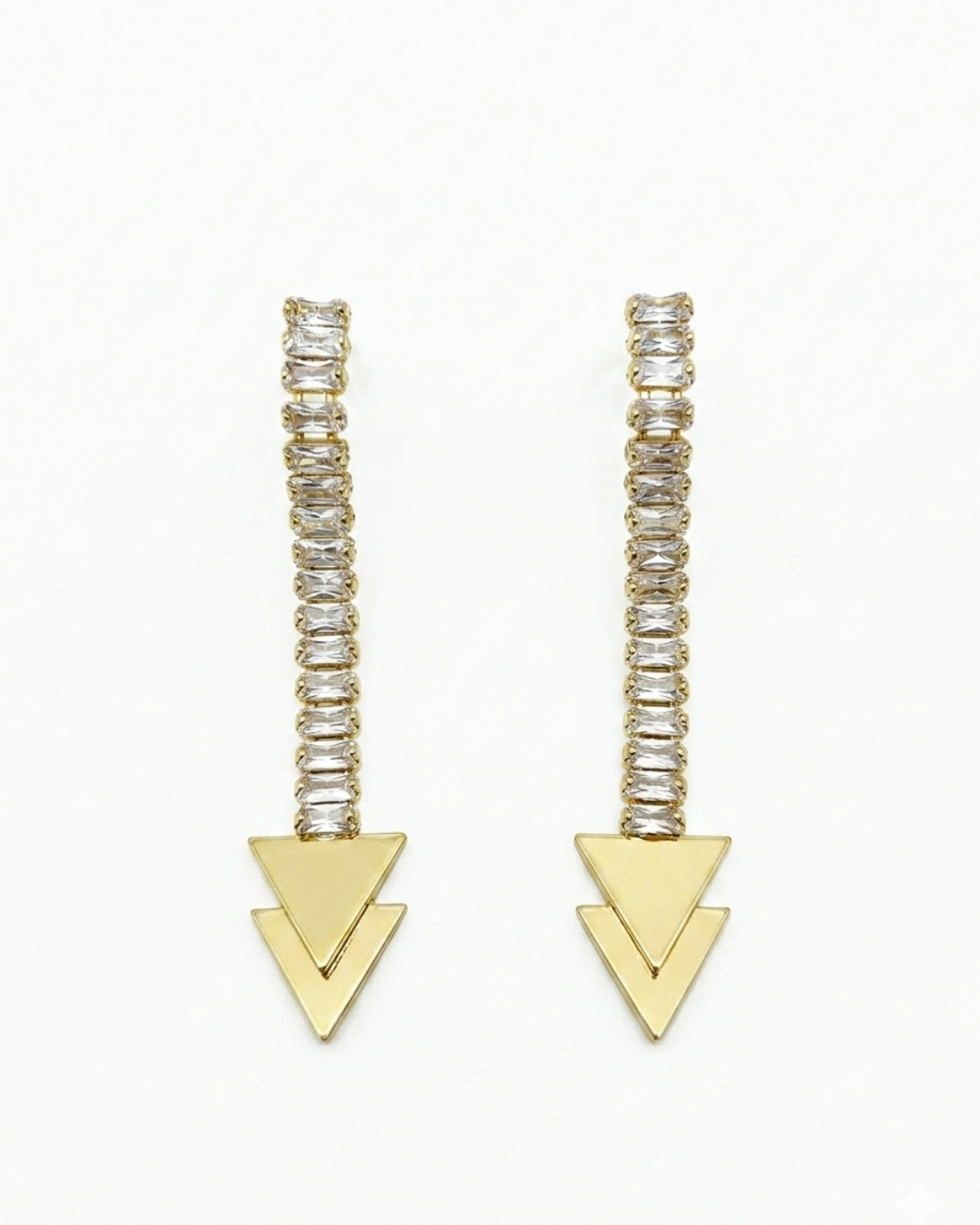 Gold Plated Long Drop Earrings for Women – Crystal Studded Linear Dangle Earrings with Geometric Triangle Pendant