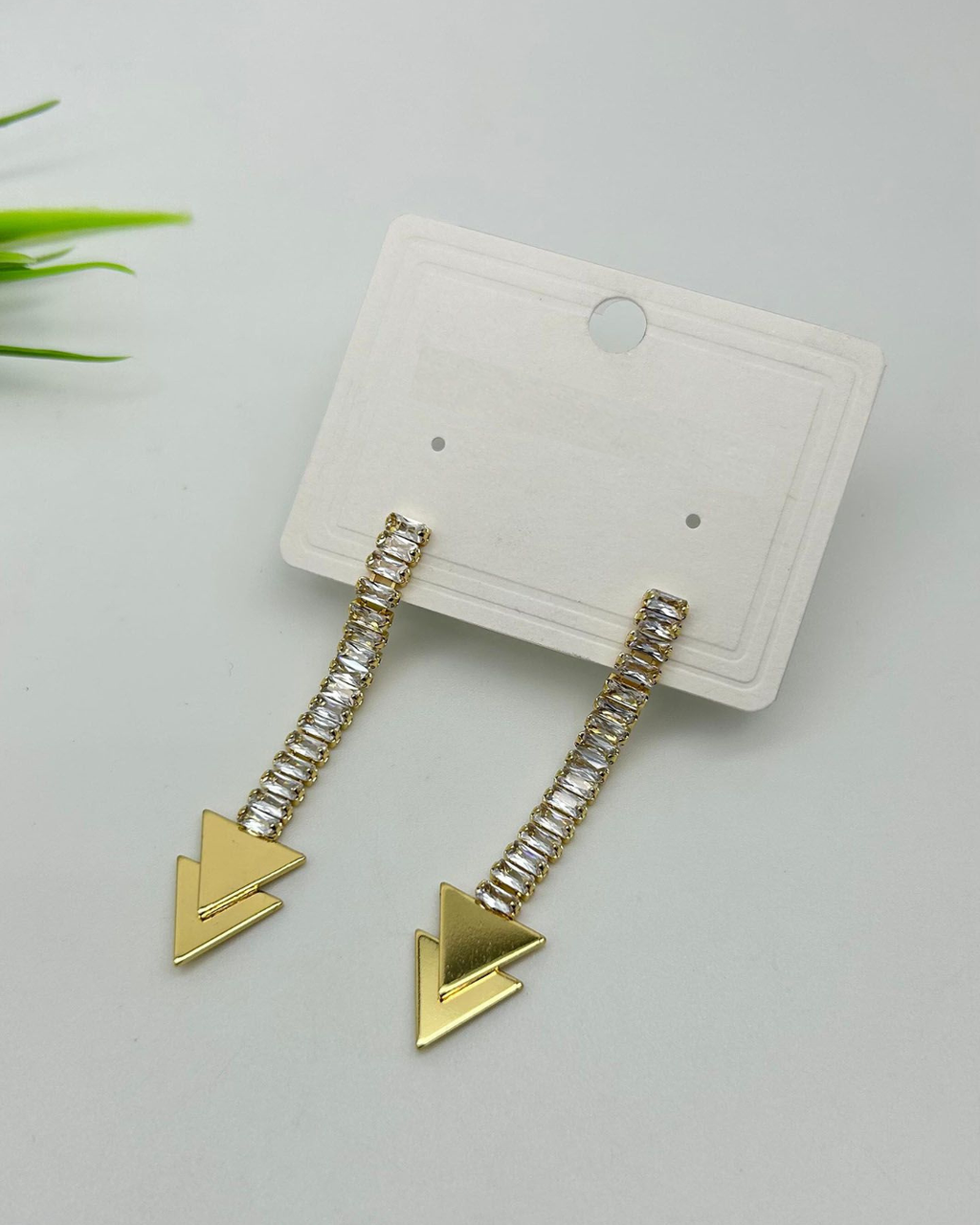 Gold Plated Long Drop Earrings for Women – Crystal Studded Linear Dangle Earrings with Geometric Triangle Pendant