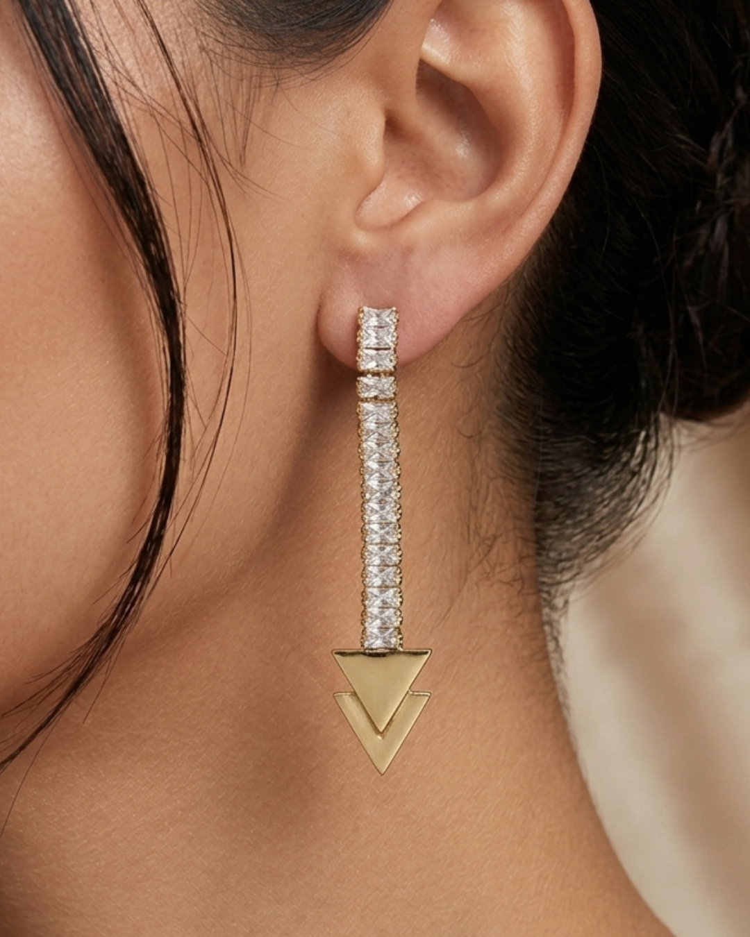 Gold Plated Long Drop Earrings for Women – Crystal Studded Linear Dangle Earrings with Geometric Triangle Pendant