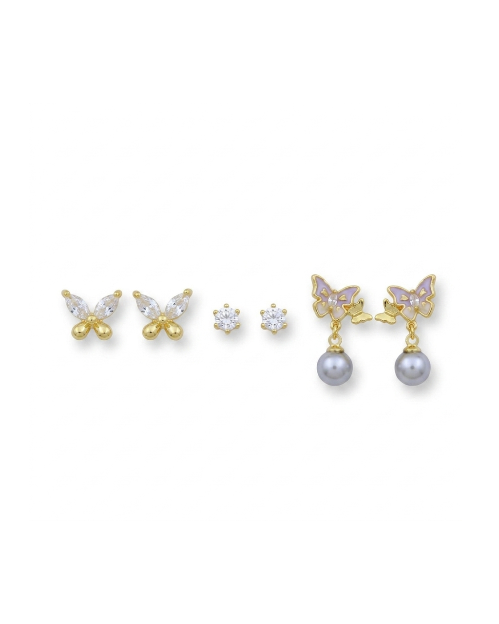 Gold Plated Earrings Set for Women – Set of 3 Butterfly & Pearl Drop Earrings with Crystal Studs | Cute Stud & Dangle Combo