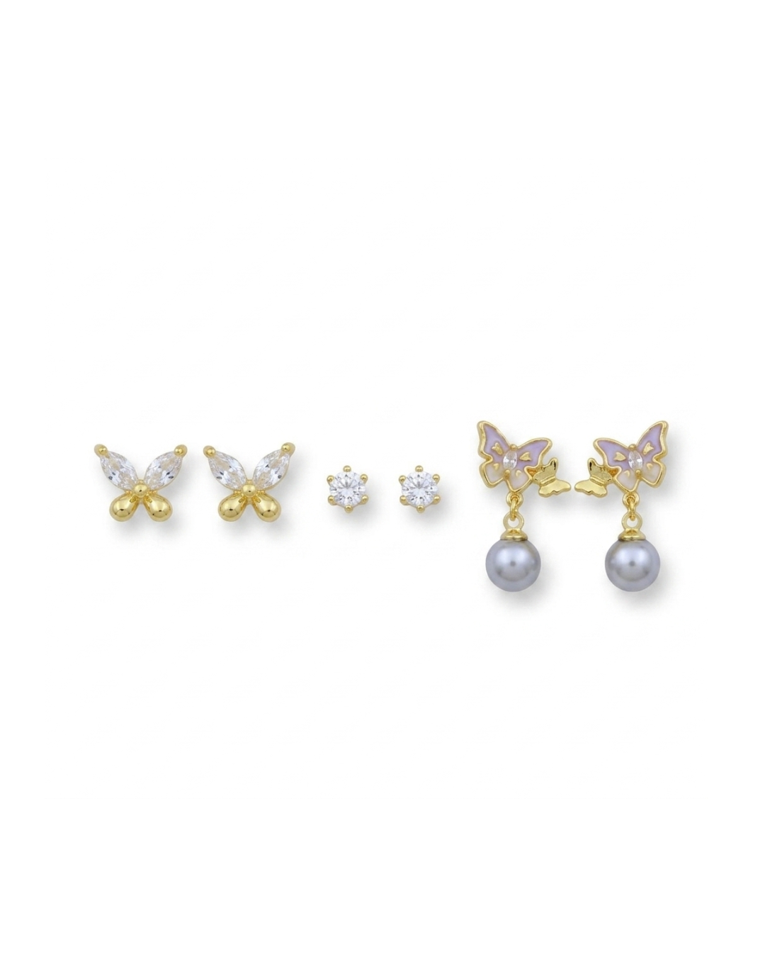 Gold Plated Earrings Set for Women – Set of 3 Butterfly & Pearl Drop Earrings with Crystal Studs | Cute Stud & Dangle Combo
