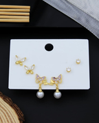 Gold Plated Earrings Set for Women – Set of 3 Butterfly & Pearl Drop Earrings with Crystal Studs | Cute Stud & Dangle Combo