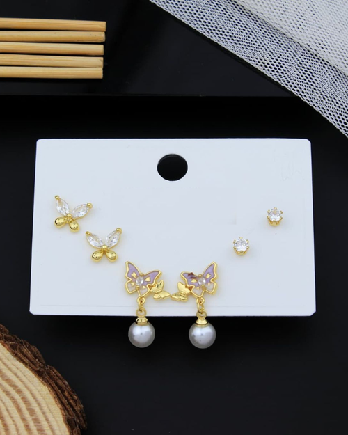 Gold Plated Earrings Set for Women – Set of 3 Butterfly & Pearl Drop Earrings with Crystal Studs | Cute Stud & Dangle Combo