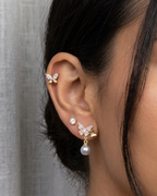 Gold Plated Earrings Set for Women – Set of 3 Butterfly & Pearl Drop Earrings with Crystal Studs | Cute Stud & Dangle Combo