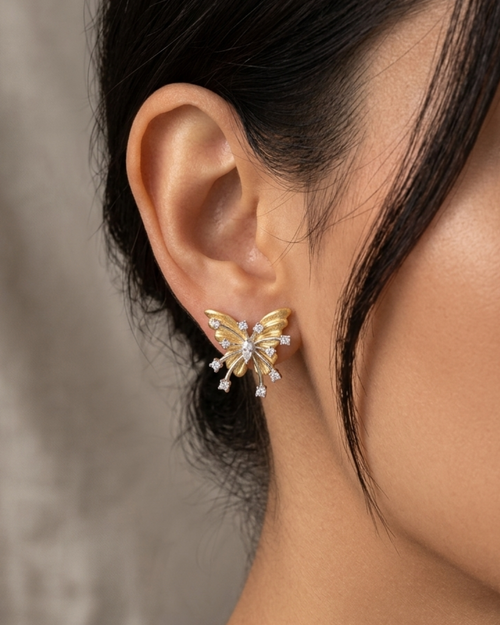 Gold & Silver Butterfly Stud Earrings for Women | Crystal Studded Elegant Designer Earrings | Lightweight Fashion Jewelry for Daily Wear, Party & Gifting