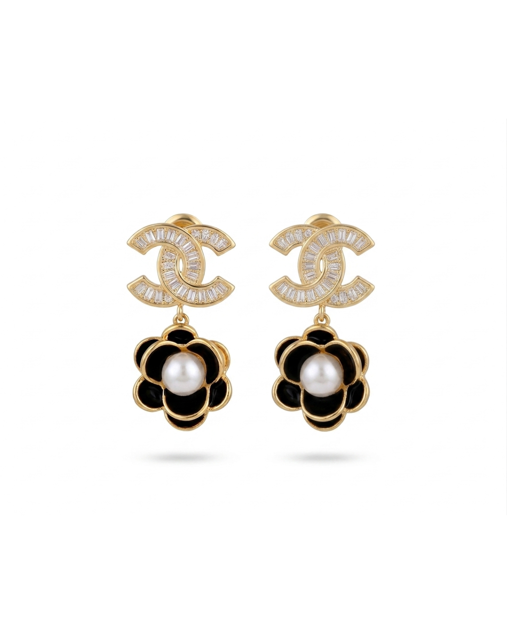 Gold Plated Designer Drop Earrings for Women | Pearl & Black Floral Dangle Earrings with Crystal Studded Top | Stainless Steel Earring