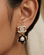 Gold Plated Designer Drop Earrings for Women | Pearl & Black Floral Dangle Earrings with Crystal Studded Top | Stainless Steel Earring