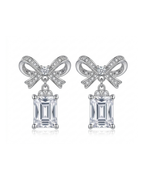 Silver Plated Bow Drop Earrings for Women | Crystal Studded Ribbon Design with Emerald Cut Stone Dangle | Stainless Steel Party & Wedding Jewelry