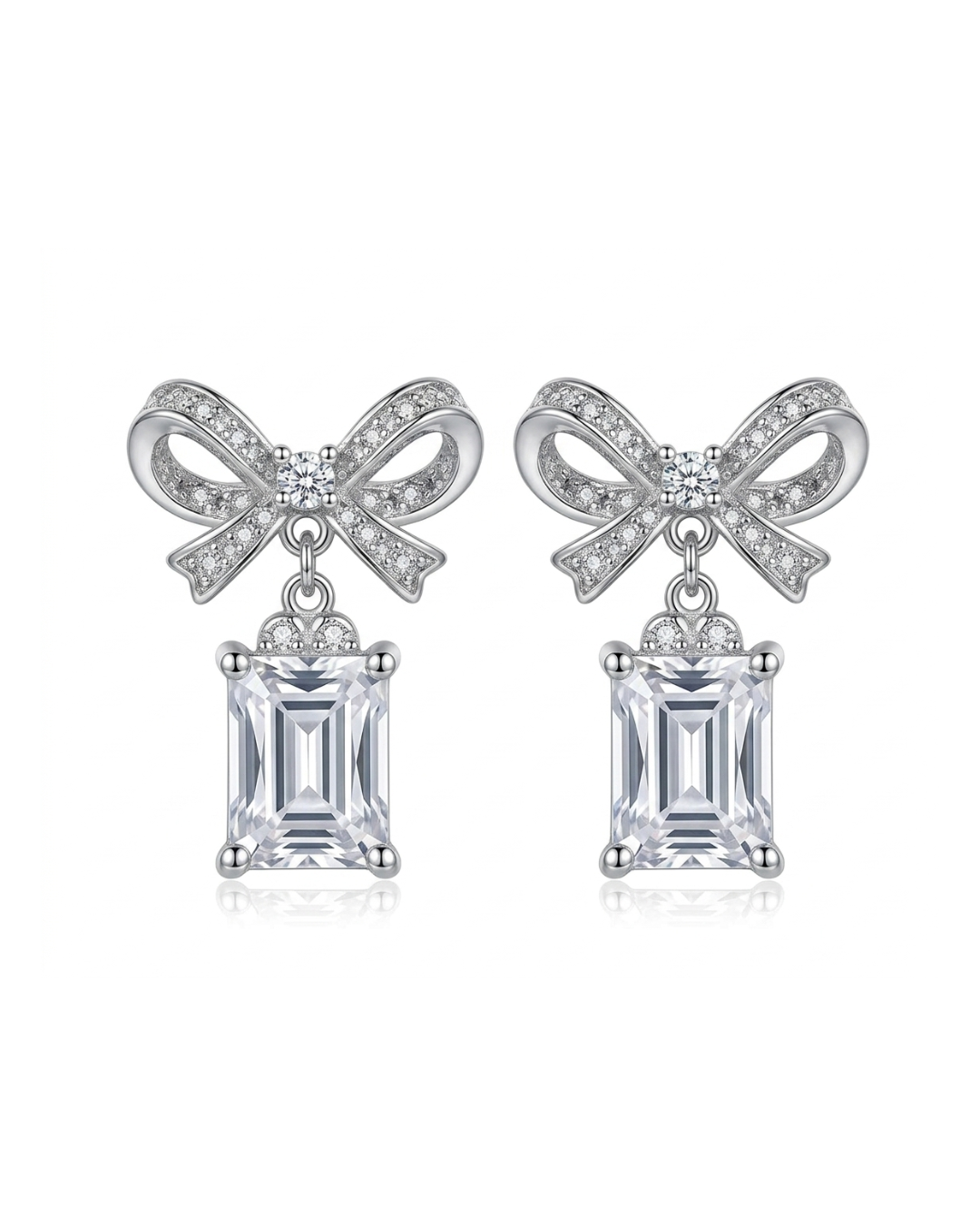 Silver Plated Bow Drop Earrings for Women | Crystal Studded Ribbon Design with Emerald Cut Stone Dangle | Stainless Steel Party & Wedding Jewelry