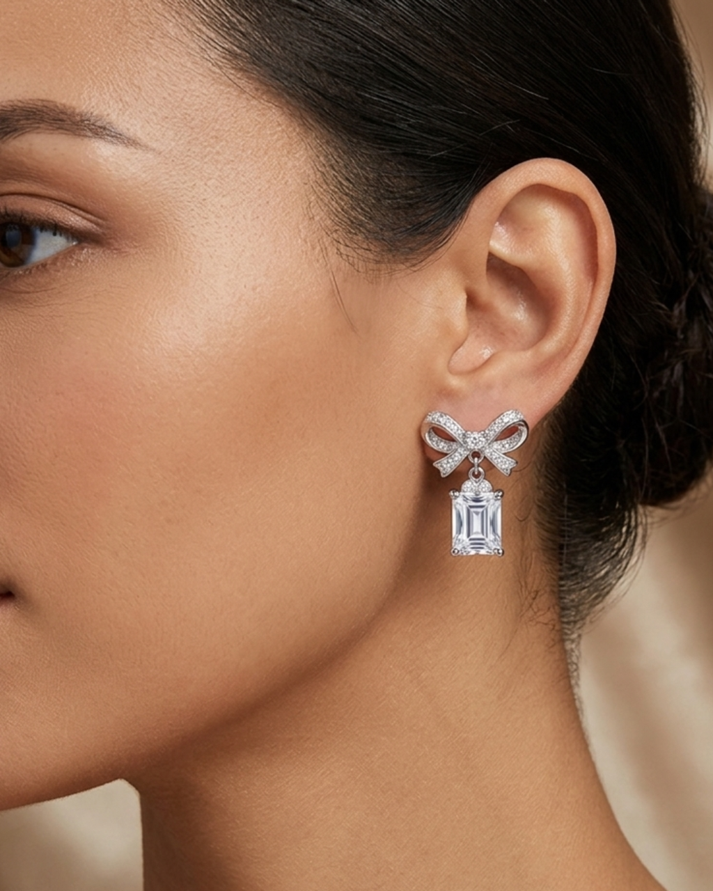 Silver Plated Bow Drop Earrings for Women | Crystal Studded Ribbon Design with Emerald Cut Stone Dangle | Stainless Steel Party & Wedding Jewelry