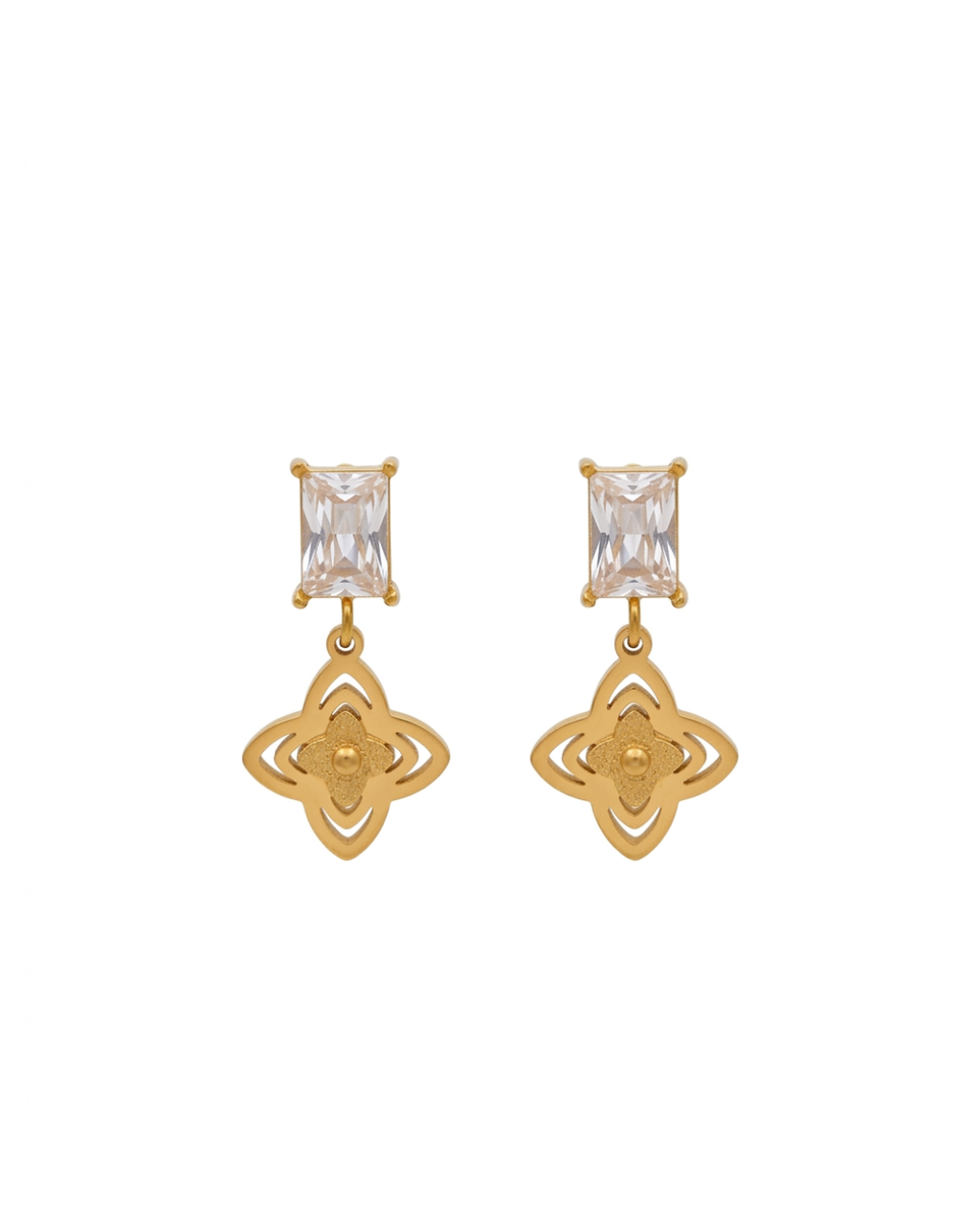 Gold Tone Crystal Rectangular Stud Drop Earring with Four-Petal Flower Charm, Elegant Dangle for Party, Wedding & Daily Wear