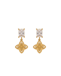 Gold Tone Crystal Rectangular Stud Drop Earring with Four-Petal Flower Charm, Elegant Dangle for Party, Wedding & Daily Wear
