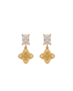 Gold Tone Crystal Rectangular Stud Drop Earring with Four-Petal Flower Charm, Elegant Dangle for Party, Wedding & Daily Wear