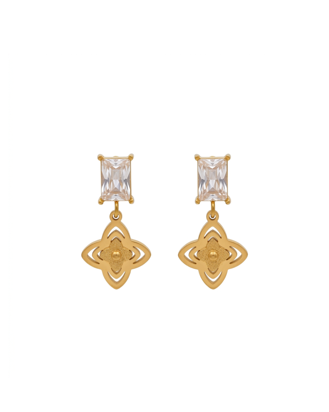 Gold Tone Crystal Rectangular Stud Drop Earring with Four-Petal Flower Charm, Elegant Dangle for Party, Wedding & Daily Wear