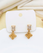 Gold Tone Crystal Rectangular Stud Drop Earring with Four-Petal Flower Charm, Elegant Dangle for Party, Wedding & Daily Wear